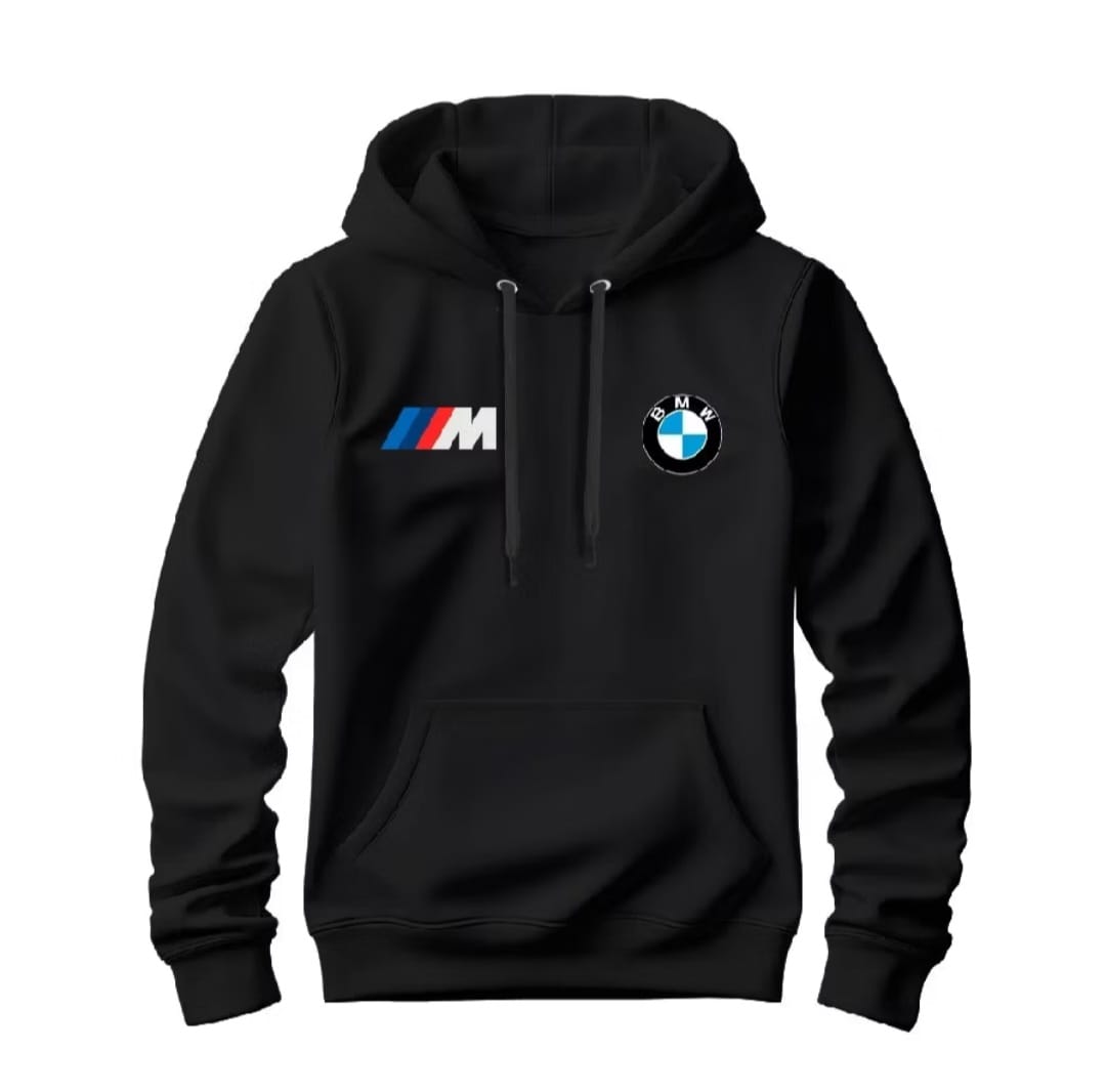 Moletom masculino com capuz, bolso canguru e logos estampados da BMW e M Motorsport