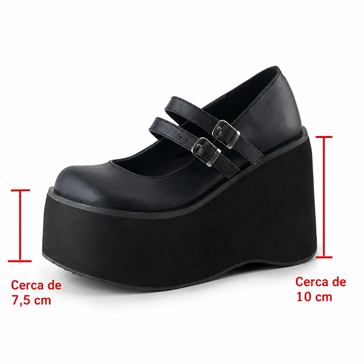 Sapato estilo bota Mary Jane preta com plataforma alta de 10cm e tiras duplas com fivelas prateadas