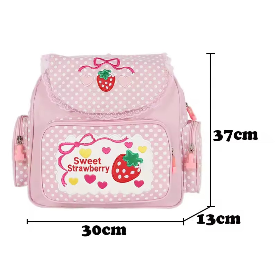 Mochila rosa e branca com estampas em exibição frontal