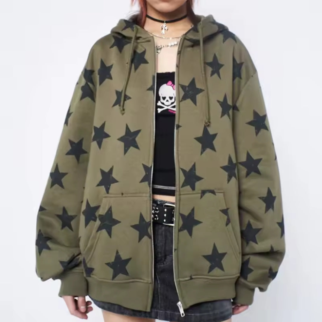 Jaqueta estilo streetwear com estampa de estrelas inspirada na moda Y2K