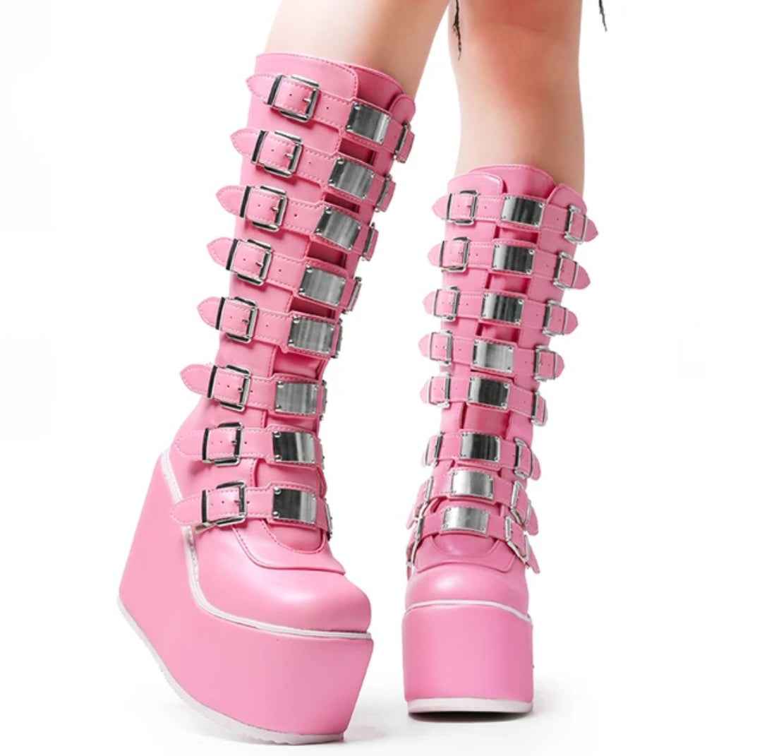 Neon Pink Boots Neon Demonias DEMONIA UV Neon Pink Wedge Platform