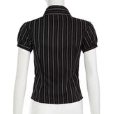 Blusa Office Siren listrada preta com caimento elegante, vista de trás.