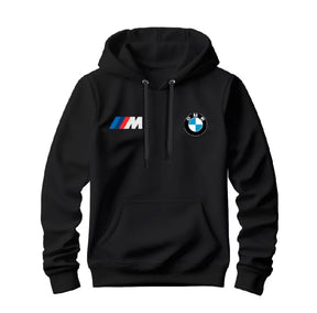 Moletom masculino com capuz, bolso canguru e logos estampados da BMW e M Motorsport