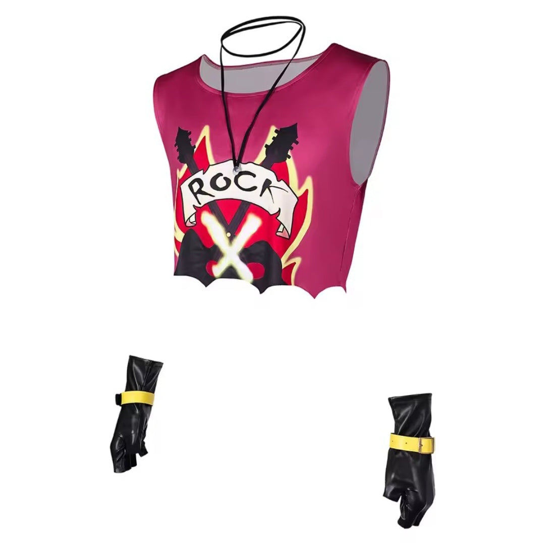 Conjunto de fantasia cosplay do Gambit com regata cropped rosa estampada, manguitos pretos com fivela amarela e choker