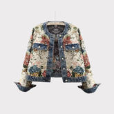 Casaco em tecido jacquard floral estilo tapeçaria com gola, barra e punhos em jeans estonado