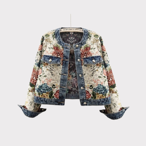 Casaco em tecido jacquard floral estilo tapeçaria com gola, barra e punhos em jeans estonado