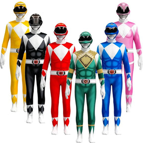 Grupo de fantasias de macacão Power Rangers estilo zentai nas cores amarelo, preto, vermelho, verde, azul e rosa