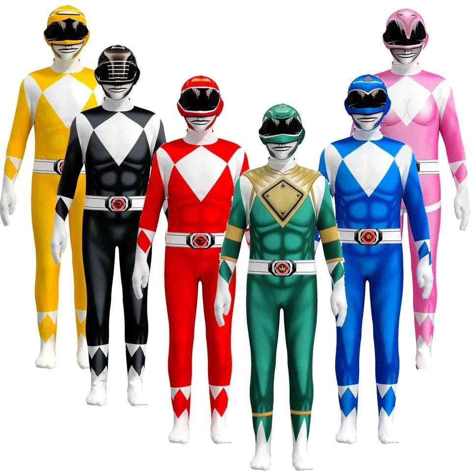 Grupo de fantasias de macacão Power Rangers estilo zentai nas cores amarelo, preto, vermelho, verde, azul e rosa