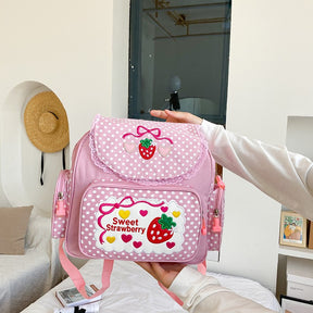 Mochila rosa e branca com estampas em exibição frontal