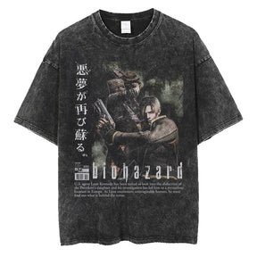 Camiseta preta de algodão com estampa do personagem Leon Kennedy de Resident Evil