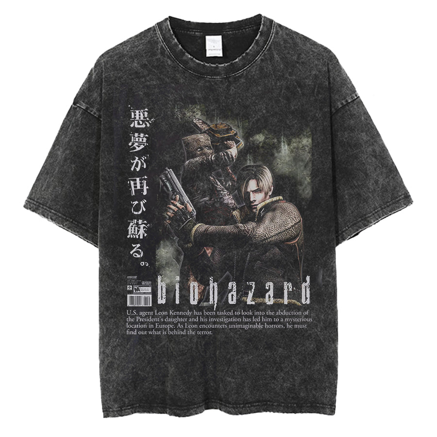 Camiseta preta de algodão com estampa do personagem Leon Kennedy de Resident Evil