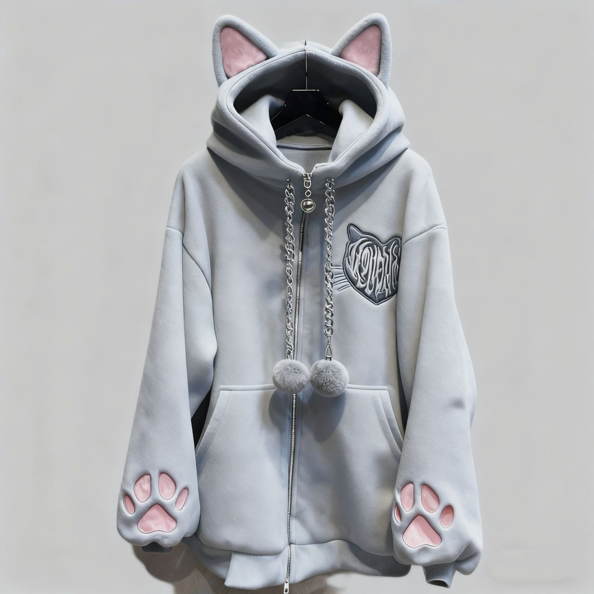 Jaqueta cinza estilo kawaii com capuz de orelhas de gato.
