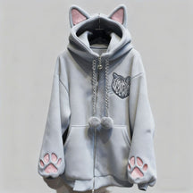 Jaqueta cinza estilo kawaii com capuz de orelhas de gato.