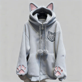 Jaqueta cinza estilo kawaii com capuz de orelhas de gato.
