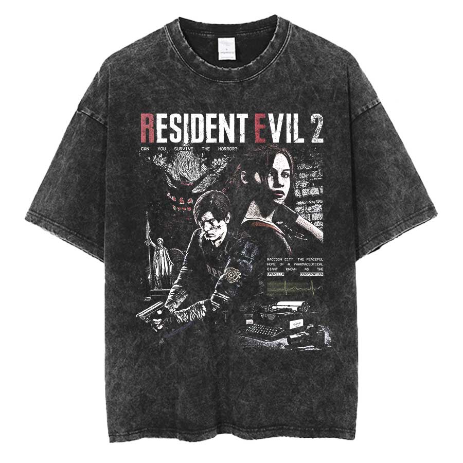 Camiseta preta de algodão com estampa do personagem Leon Kennedy de Resident Evil