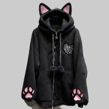 Jaqueta preta estilo kawaii com capuz de orelhas de gato.