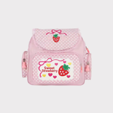 Mochila rosa e branca com estampas em exibição frontal