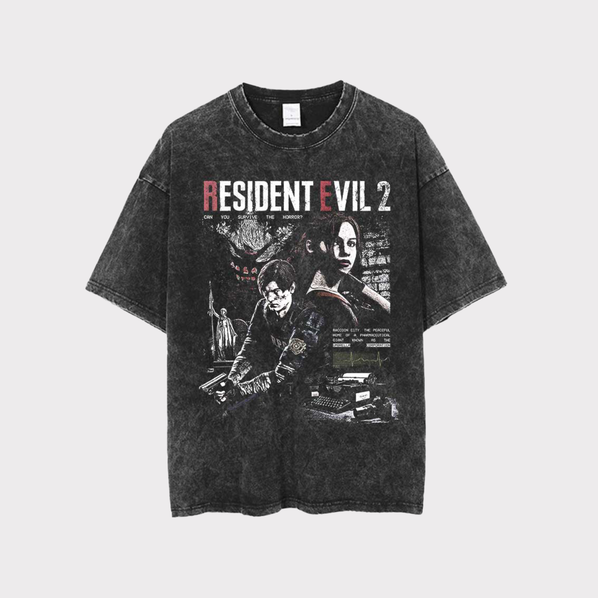 Camiseta preta de algodão com estampa do personagem Leon Kennedy de Resident Evil
