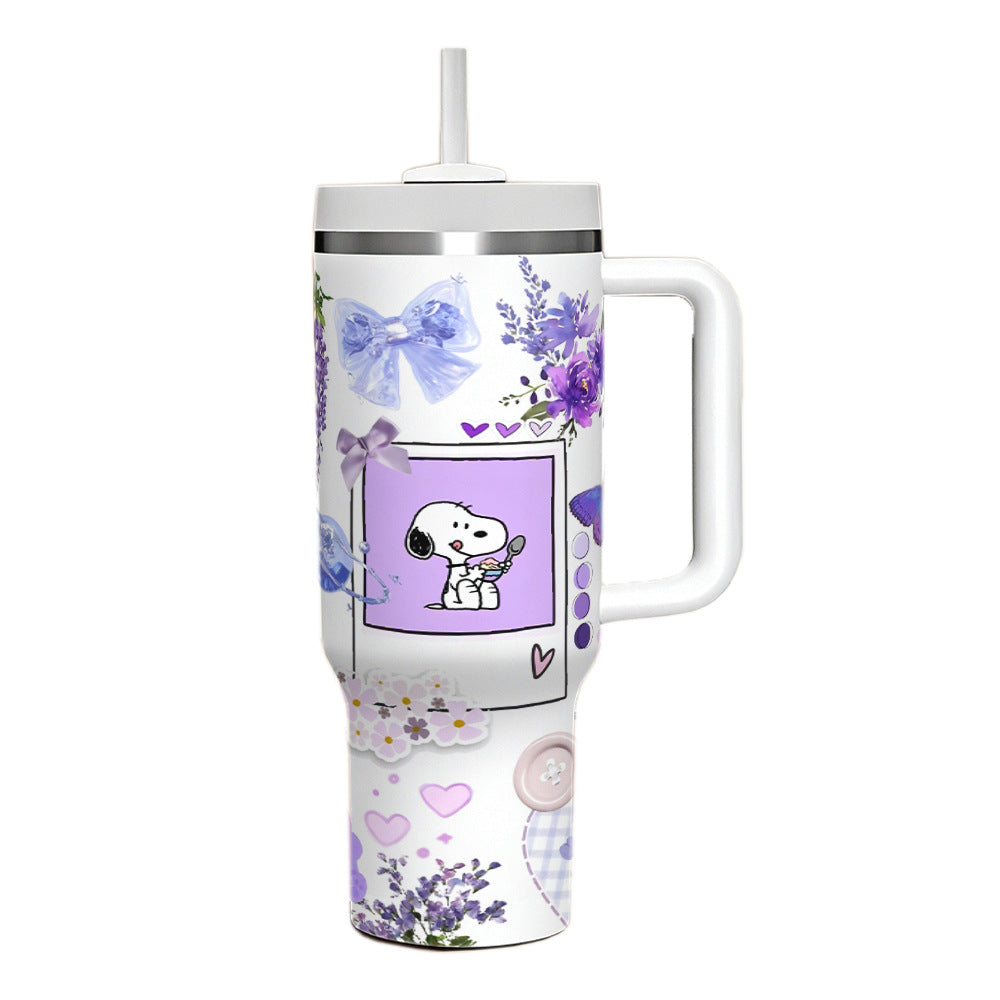 Copo térmico de inox do Snoopy com alça ergonômica, tampa rosqueável e canudo em estampa temática
