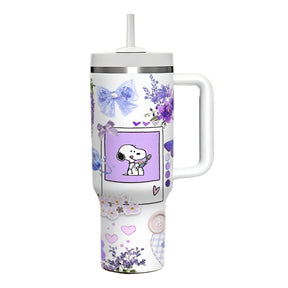Copo térmico de inox do Snoopy com alça ergonômica, tampa rosqueável e canudo em estampa temática