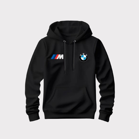 Moletom preto masculino com capuz, bolso canguru e logos estampados da BMW e M Motorsport