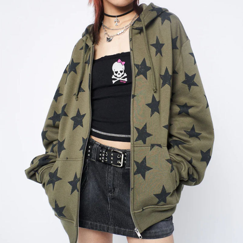Jaqueta estilo streetwear com estampa de estrelas inspirada na moda Y2K